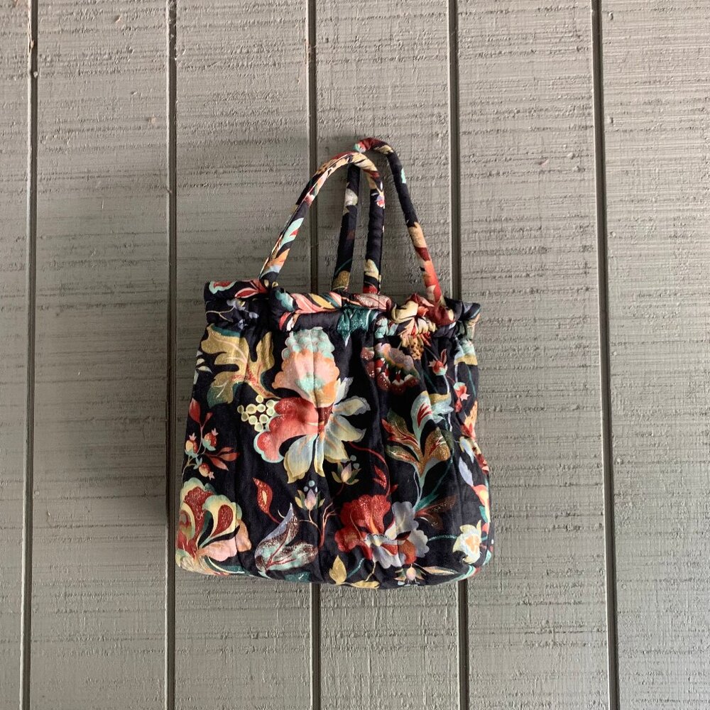Vintage 80s Black Floral Quilted Tote Bag